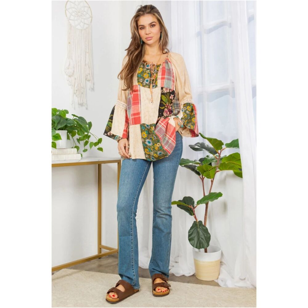 Young Threads Mixed Print Patchwork Peasant Top in Latte Size Large